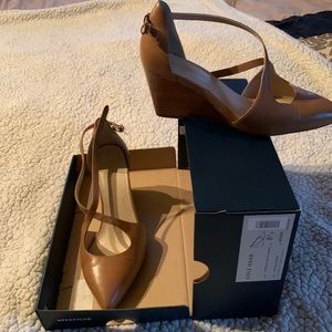 Cole Haan dress shoes. Wedge, tan, closed toe and straps; in box. Size 8 1/2.